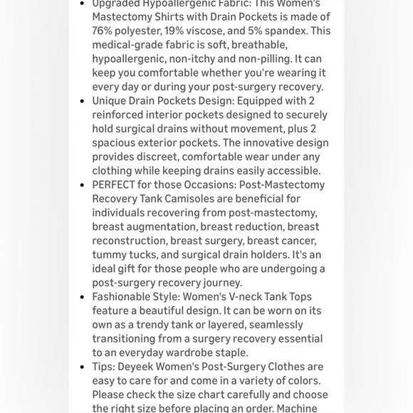 Deyeek Women's Black VNeck Post Op Snap Tank w/ Drain Pockets size M - Picture 8 of 9